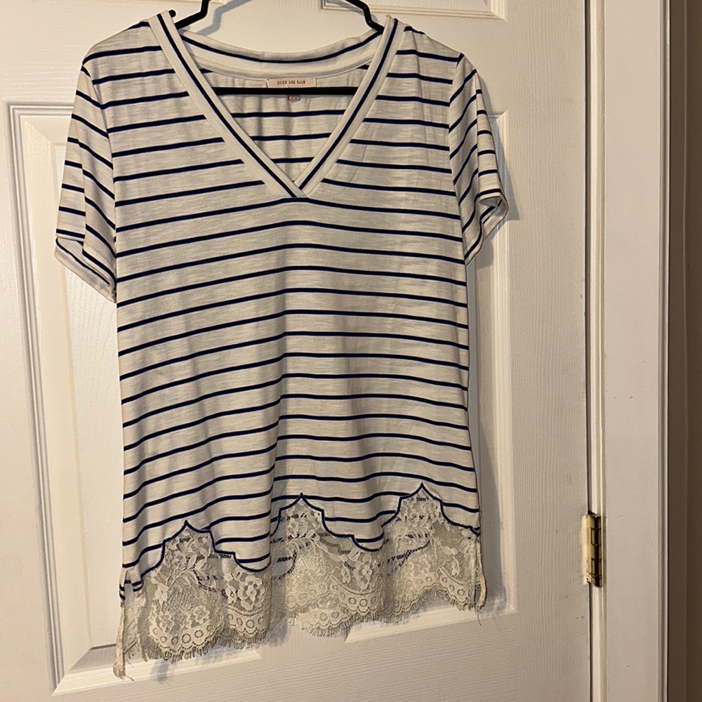 Skies Are Blue, Short Sleeve, Striped, Lace, Blue & White, Size Medium, New.